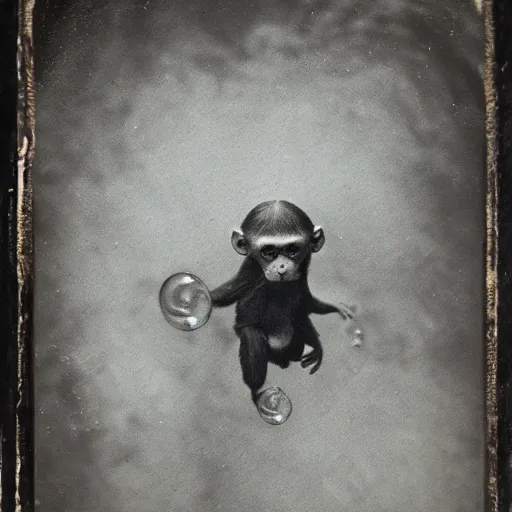 Prompt: tintype photo, underwater with bubbles, monkey rides a jellyfish