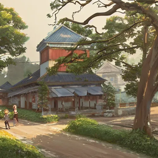 Image similar to concept art painting of a historic bakery with european and japanese architecture, in a woodland village surrounded by trees, realistic, detailed, cel shaded, in the style of makoto shinkai and greg rutkowski and james gurney