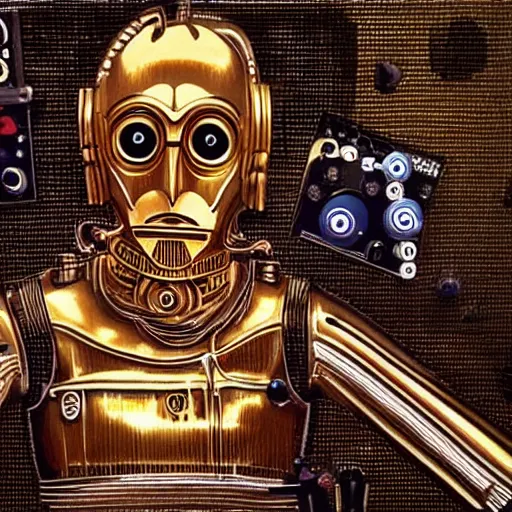 Image similar to a hyperrealistic art nouveau portrait of c 3 po with make noise eurorack module aesthetics