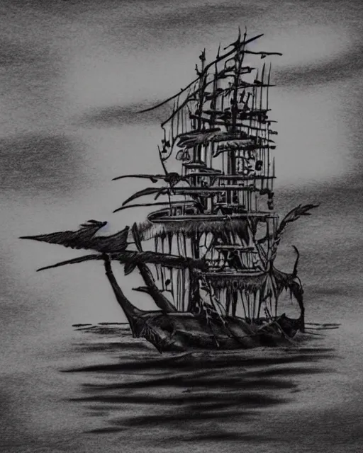 Image similar to pirate ship on a deserted island, realism tattoo drawing, hyper realistic, shaded