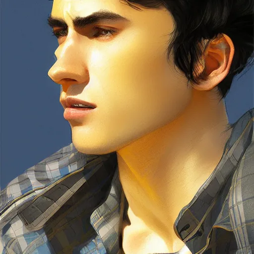 Image similar to ultra realistic illustration, a young man with black hair, in a checkered yellow shirt, with blue eyes, highly detailed, digital painting, artstation, concept art, smooth, sharp focus, illustration, art by artgerm and greg rutkowski and alphonse mucha
