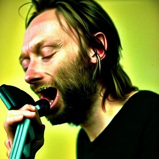 Prompt: happy Thom Yorke 1995 singing into a microphone, a photo by John E. Berninger, trending on pinterest, private press, associated press photo, angelic photograph, masterpiece