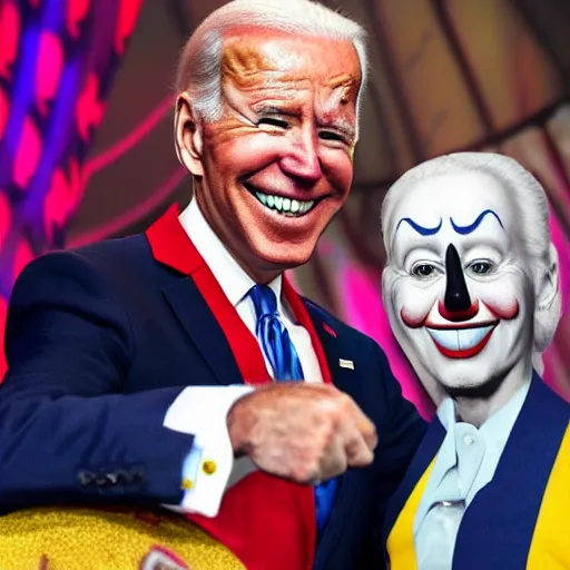 Image similar to Joe Biden with clown make-up all over his face inside a circus, full body