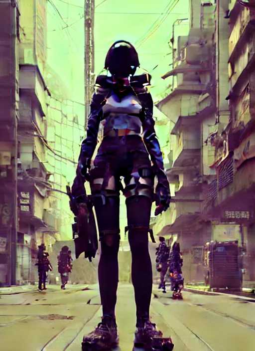 Prompt: hyper - realistic cyberpunk anime girl standing on tokyo street, extreme detail, alluring, in style of yoji shinkawa, pan ren wei, col price, atey ghailan, by greg rutkowski, by greg tocchini, by james gilleard, by joe fenton, by kaethe butcher, grunge aesthetic