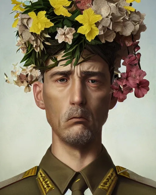 Prompt: a beautiful portrait photo of a military general man, looking angry, covered by hibiscus, daffodils, hydrangea, montsera leaves by tom bagshaw and zach sutton, very detailed, artstation, 8 k