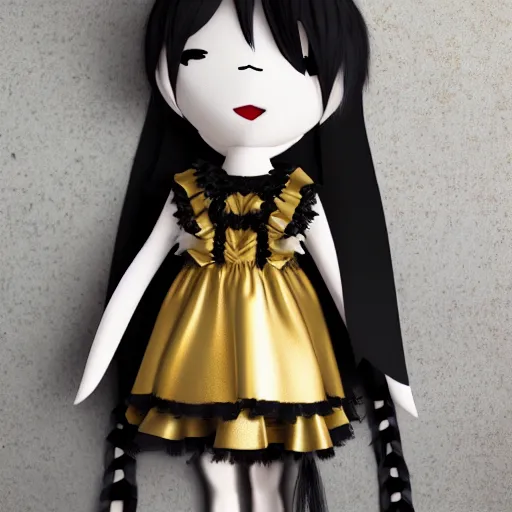 Prompt: cute fumo plush of a girl in a gothic dress, gold and black, ruffles tassels and ribbons, soft shadow, vray