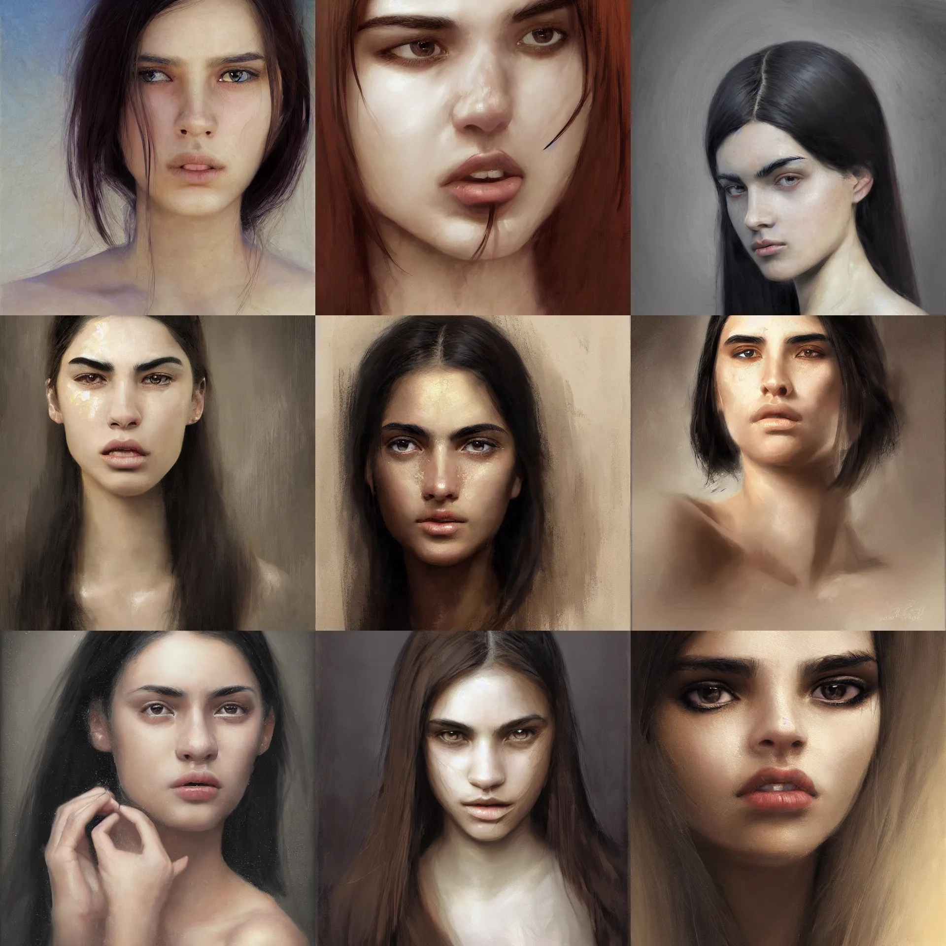 Prompt: digital art portrait painting of a 2 0 years old white skin young latino woman, long black straight hair, thick eyebrows, very small eyes, small straight nose, strong defined jaw, brown eyes painted by craig mullins and gaston bussiere and greg rutkowski, symmetrical facial features, symmetrical face, defined facial features, beautiful face, dramatic lighting