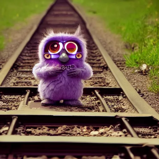 Image similar to A furby standing on the infinite tracks of an abandoned railway, liminal space, 4K HD, trending on artstation, cinematic