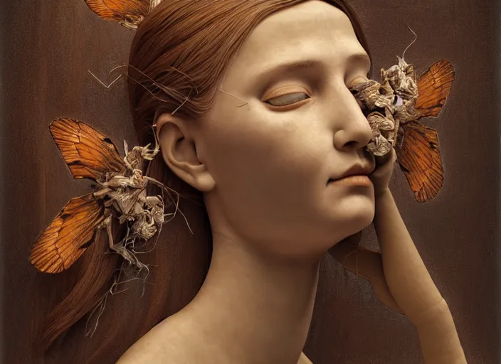 Image similar to a cinematic portrait of a beautiful female jointed handmade wooden doll, holding each other, abandoned, surrounded by big moths and withered lilies, by james c. christensen, by tomasz alen kopera, by raphael, 8 k, rendered in octane, cinematic, 3 d, volumetric lighting, highly detailed