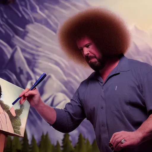 Image similar to a closeup photorealistic photograph of bob ross working on an image of kenny powers autographing a baseball on a canvas. mountains and trees. film still. brightly lit scene. this 4 k hd image is trending on artstation, featured on behance, well - rendered, extra crisp, features intricate detail, epic composition and the style of unreal engine.