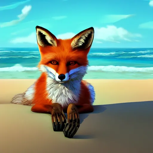 Image similar to fox chilling on the beach, photo, vaporwave, artstation