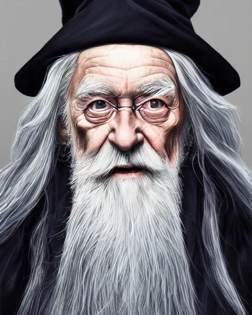 Image similar to portrait of 8 0 - year - old man, with blue eyes, very long silver hair, and very long silver beard, a long crooked nose, dumbledore, wearing in black cloak, hyper realistic face, beautiful eyes, character art, art by mark brooks, hyperdetailed, cryengine, trending on artstation, digital art