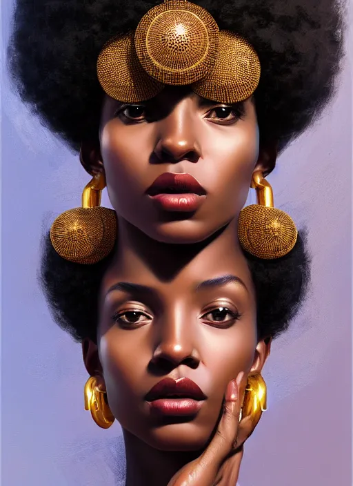 Prompt: portrait of young black woman with two stand twits, afro - futurist style, intricate, elegant gleaming jewelry, angelic halo, highly detailed, digital painting, artstation, concept art, smooth, sharp focus, illustration, art by wlop, mars ravelo and greg rutkowski