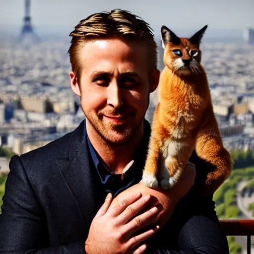 Image similar to Ryan Gosling holds a caracal cat in his hands against the backdrop of the Eiffel Tower, photography award winning