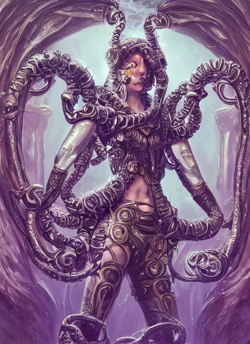 Image similar to ultradetailed ornate sci-fi RPG character illustration of a beautiful symmetric Medusa radiating a majestic glowing aura wearing a cyberpunk armor with decorum while fighting eldritch horrors, smooth digital airbrush painting, 3d rim light, hyperrealistic, masterpiece, artstation, cgsociety, concept art, kodakchrome