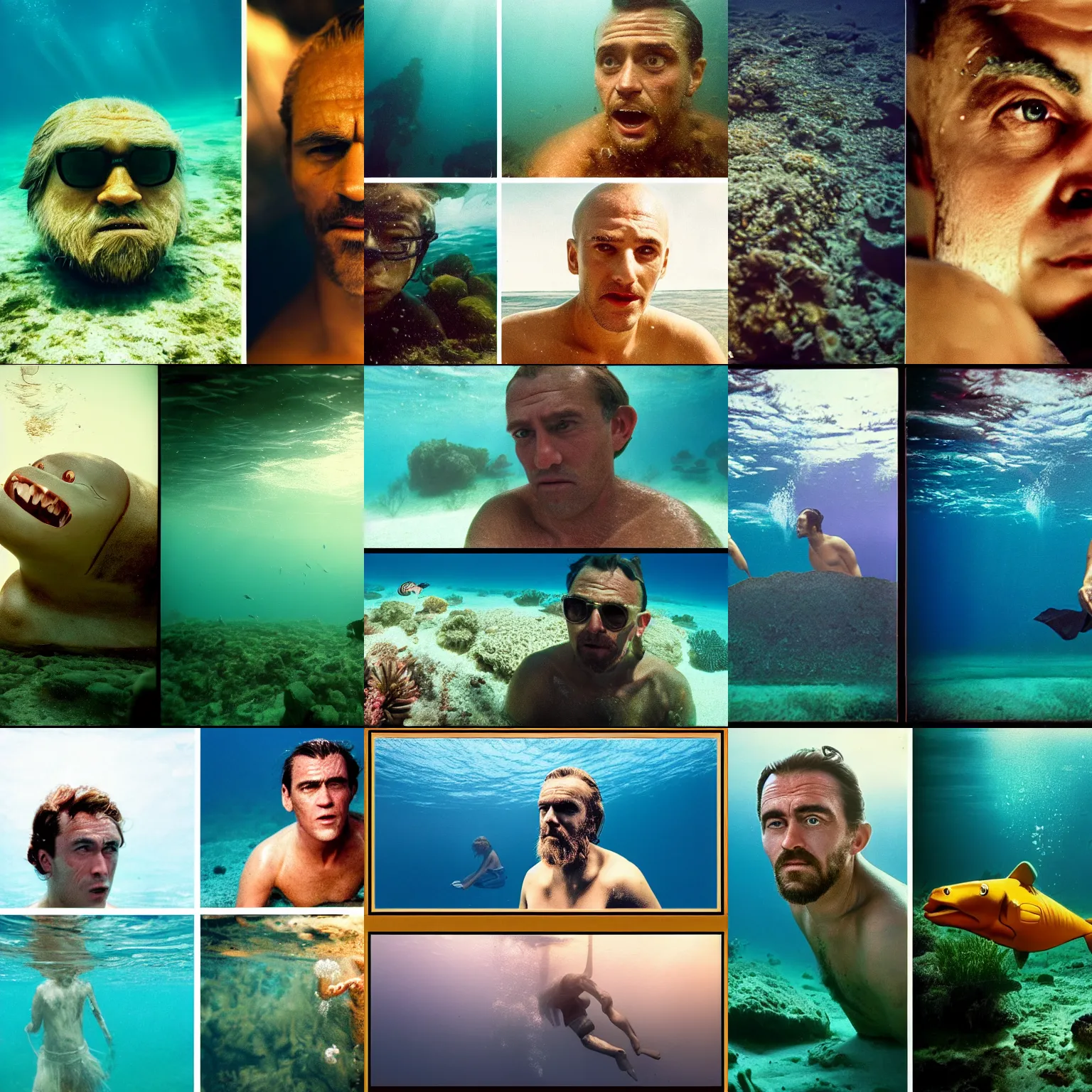Prompt: Kodak portra 160, 4K, split screen: famous french actor in low budget kon-tiki movie remake, underwater scene