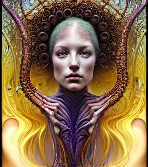 Image similar to detailed realistic beautiful young groovypunk queen of andromeda galaxy in full regal attire. face portrait. art nouveau, symbolist, visionary, baroque, giant fractal details. horizontal symmetry by zdzisław beksinski, iris van herpen, raymond swanland and alphonse mucha. highly detailed, hyper - real, beautiful