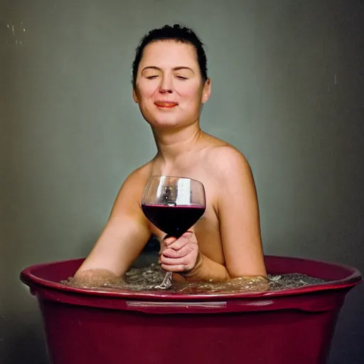 Image similar to a person bathing in wine, portrait photograph