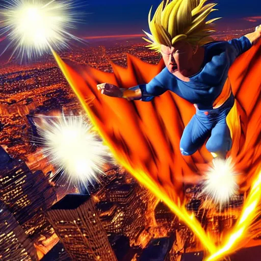 Image similar to photorealistic of an hyper realistic super sayan trump flying in the sky and prepare a kamehameha above new york city. accurate and high details on trump's face. intricate, highly detailed, unreal engine 5.