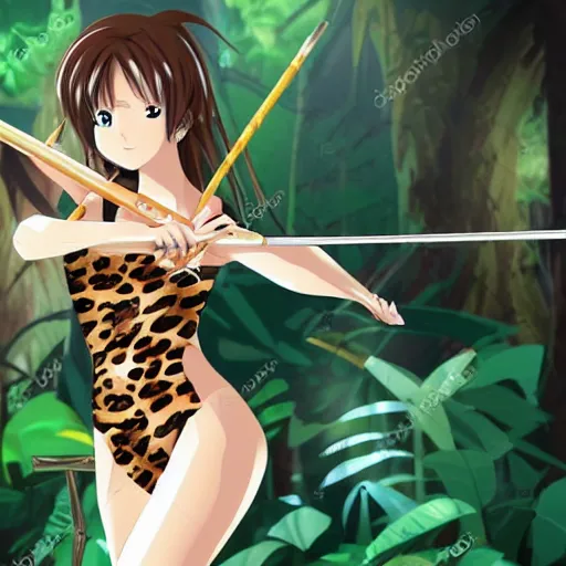 Image similar to anime style woman in leopard print bikini shooting bow and arrow in the jungle