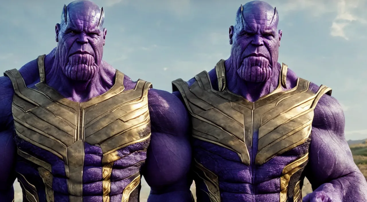 Prompt: Film still of Thanos with two fingers on his mouth with puckered lips and sadly furled eyebrows as he stands leaned over sheepishly awkwardly