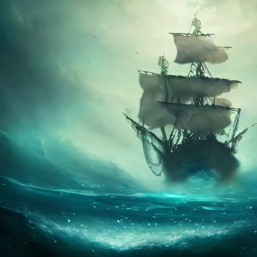 Image similar to ghosts pirate ship underwater by ross tran. movie still, below water