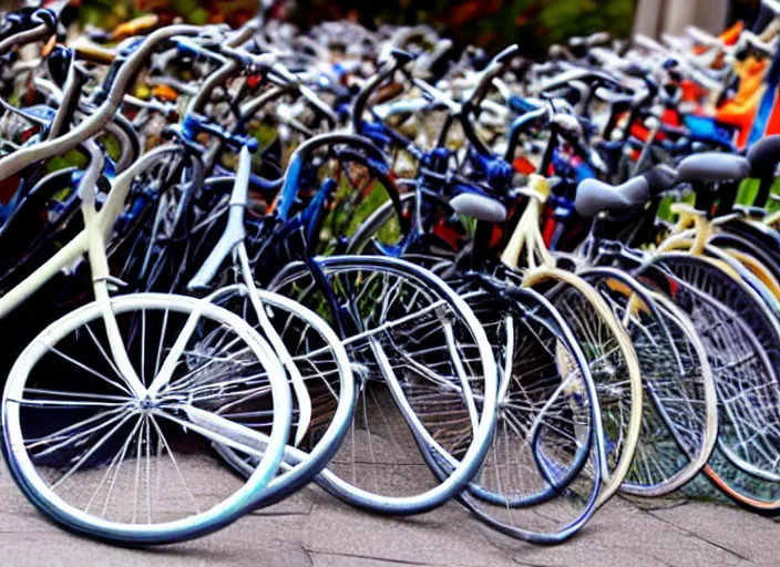 Prompt: a pile of soft bicycles .