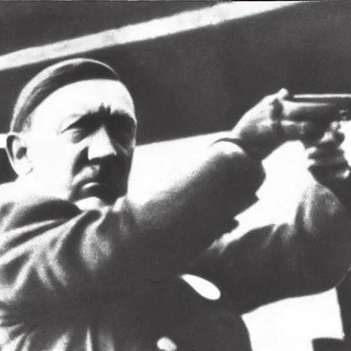 Image similar to hitler pointing a gun to his head while crying, close - up shot, low angle shot