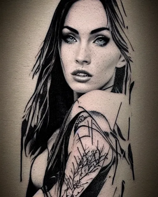 Image similar to creative double exposure effect tattoo design sketch of megan fox faded in beautiful mountain scenery, realism tattoo, in the style of matteo pasqualin, amazing detail, sharp