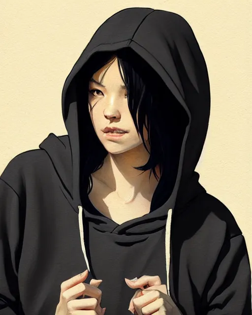 Prompt: cassandra cain wearing hoodie portrait | | realistic shaded, pleasant face, bad looking, fine details, realistic shaded lighting poster by greg rutkowski, magali villeneuve, artgerm, jeremy lipkin and michael garmash and rob rey