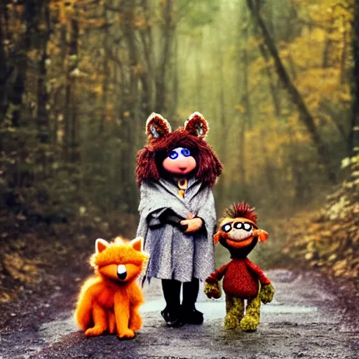 Prompt: a chibi foxfolk muppet druid wearing a hooded cloak holding a small muppet animal with a small herd of random muppet animals following behind, sesame street, photograph, photography, ultrarealistic, national geographic