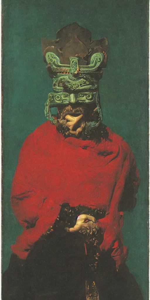 Prompt: portrait of a man in ancient green jade mask and red mantle on deep black and blue background, carl spitzweg,