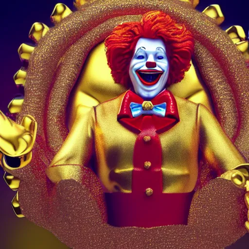 Image similar to a still of ronald mcdonald surrounded by gold and diamonds, award - winning, photograph, 3 d render, unreal engine, 4 k detailed