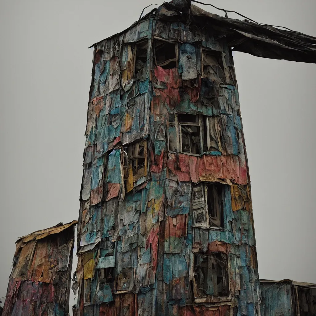 Image similar to close - up view of a tower made up of makeshift squatter shacks with faded colours, moody cloudy sky, uneven fog, dystopia, mamiya, f 1 1, fully frontal view, very detailed, photographed by jeanette hagglund