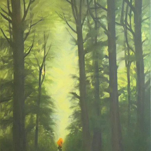 Prompt: Wanderer in the dark forest, oil on canvas