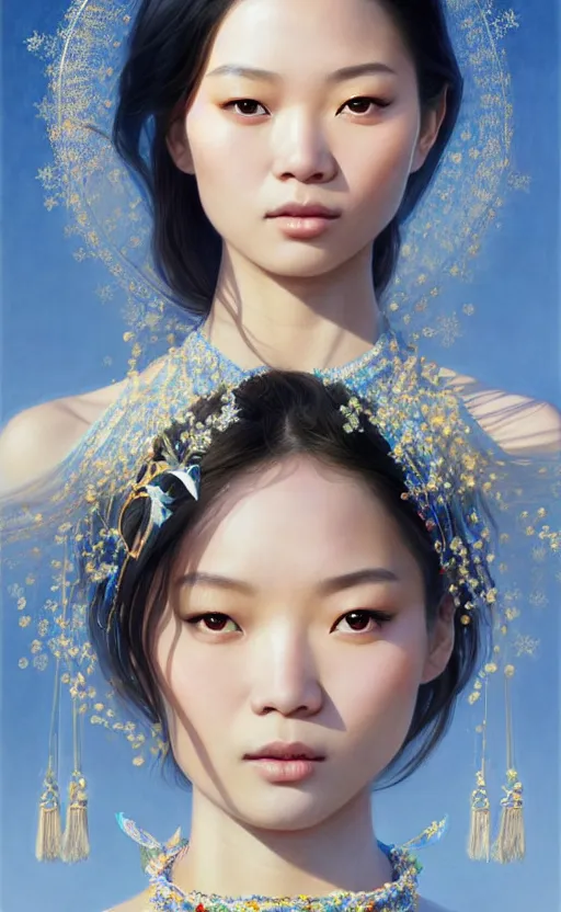 Image similar to a beautiful young charming asian goddess with sundress + jewelry + shinny eyes | | winter, symmetric, realistic shaded, unpleasant face, good looking, fine details, dior, lv, realistic shaded lighting poster by greg rutkowski, macoto takahashi, magali villeneuve, artgerm, jeremy lipkin and michael garmash