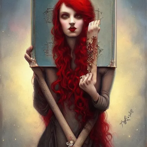 Image similar to a woman with red hair holding a box, a detailed painting by tom bagshaw, deviantart, gothic art, pre - raphaelite, wiccan, ambrotype