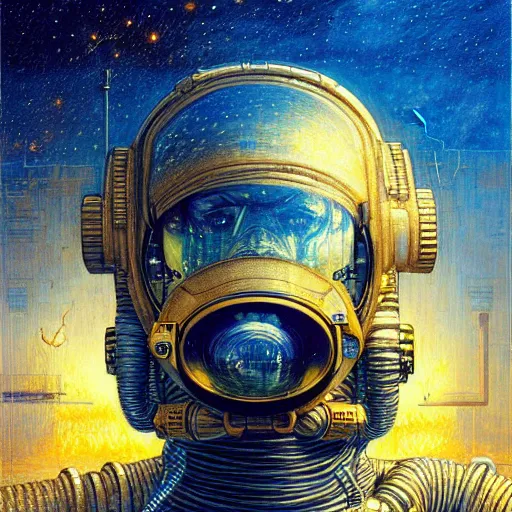 Image similar to cyberpunk astronaut, atmospheric lighting, painted, intricate, golden and blue hour, ultra detailed by peter gric, giger, enki bilal