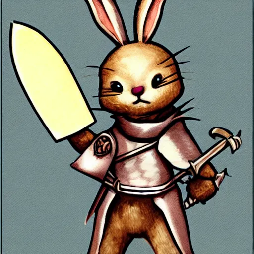 Image similar to anthropomorphic cute bunny knight character, holding a sword