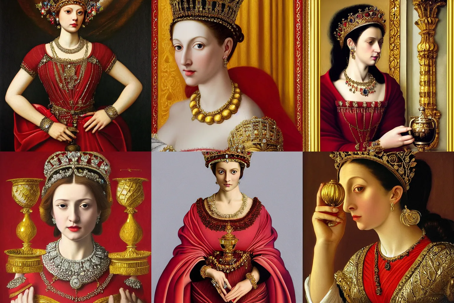 Image similar to A extremely highly detailed majestic hi-res beautiful painting of a beautiful woman wearing a long royal red silk dress, the crown jewels is on her head and she is holding a golden goblet and around her neck is a ornate golden necklace decorated with diamonds and rupees by Michelangelo Merisi da Caravaggio, high detail, hyperrealistic, photorealistic, octante render, cinematic, high textures, hyper sharp, 4k insanely detailed and intricate, hypermaximalist, 8k, hyper realistic, super detailed, 4k HDR hyper realistic high,