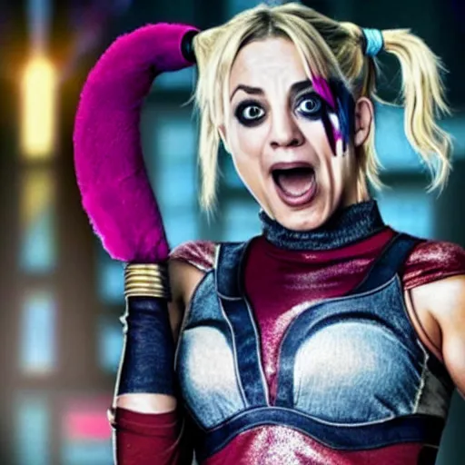 Image similar to A still of Kaley Cuoco as Harley Quinn