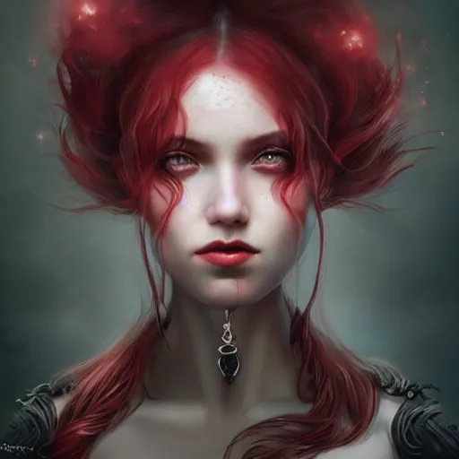 Prompt: princess of darkness, style of tom bagshaw, artgerm comic, piercing eyes, long glowing red hair, cinematic, highly detailed, award winning