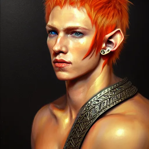 Image similar to portrait painting of a very young elven man with short light orange hair and tribal tattoos on his face wearing fur armor, sharp focus, award - winning, trending on artstation, masterpiece, highly detailed, intricate. art by james ryman