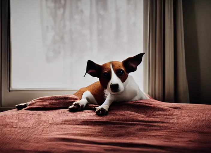 Image similar to photography of a Jack Russel . watching outside the window. on a bed. in a vintage room.,volumetric light, photorealistic,, award winning photo, 100mm, sharp, high res