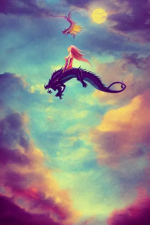 Prompt: a magical dragon making a girl fly in the sky without wings, they are in the edge of a beautiful hill, aesthetic, pastel filter, pastel effect, pastel style, 2 d art