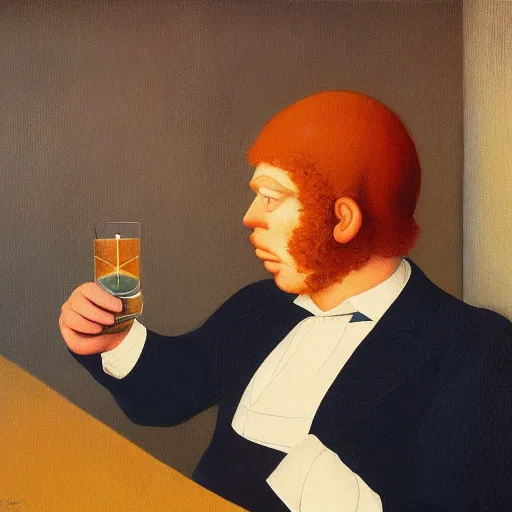Prompt: a ginger-bread-man having a whiskey by Raphael, Hopper, and Rene Magritte. detailed, romantic, enchanting, trending on artstation.