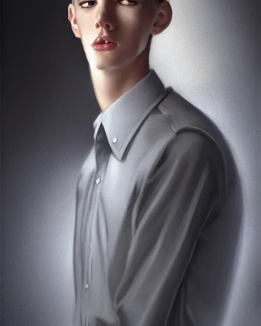 Image similar to portrait of 1 5 - year - old boy, a tall, slender boy with a pale, pointed face, sleek blond hair, and ice grey eyes, wearing in shirt, hyper realistic face, beautiful eyes, character art, art by mark brooks, art by artgerm and greg rutkowski trending on artstation, digital art