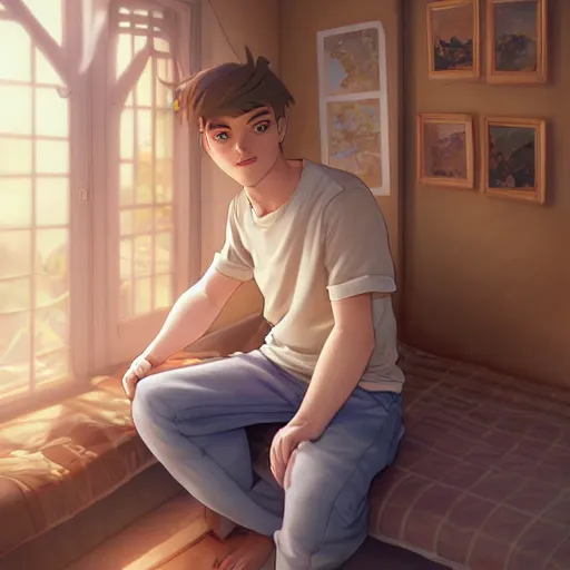 Image similar to young man with short, ash blond greyish hair, light brown eyes, casual clothes, hanging out on a bed, path traced, highly detailed, high quality, digital painting, by don bluth and ross tran and studio ghibli and alphonse mucha, sylvain sarrailh