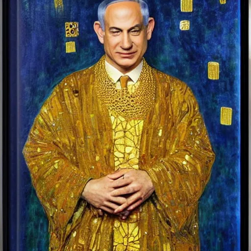 Image similar to a portrait of benjamin netanyahu wearing golden ornate robe, earings, necklace, jewels, by gustave klimt