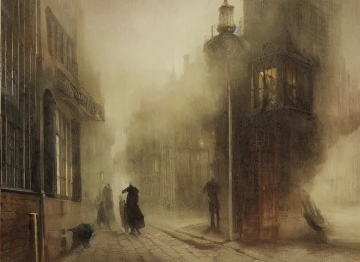 Image similar to 1 9 th century london, art by caspar david friedrich, thomas lawrence, john martin, dark, shady alleys, pub, pub sign, thick fog, coherent composition,